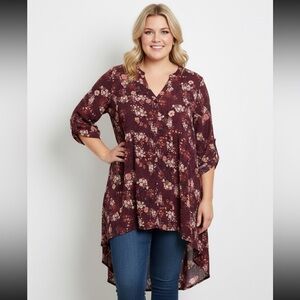 Torrid Lexie Chiffon Floral Burgundy High Low Blouse NWT